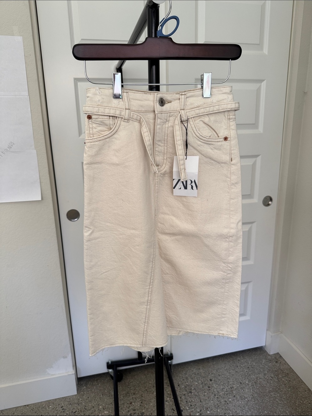 Zara Off-White Denim Midi Skirt